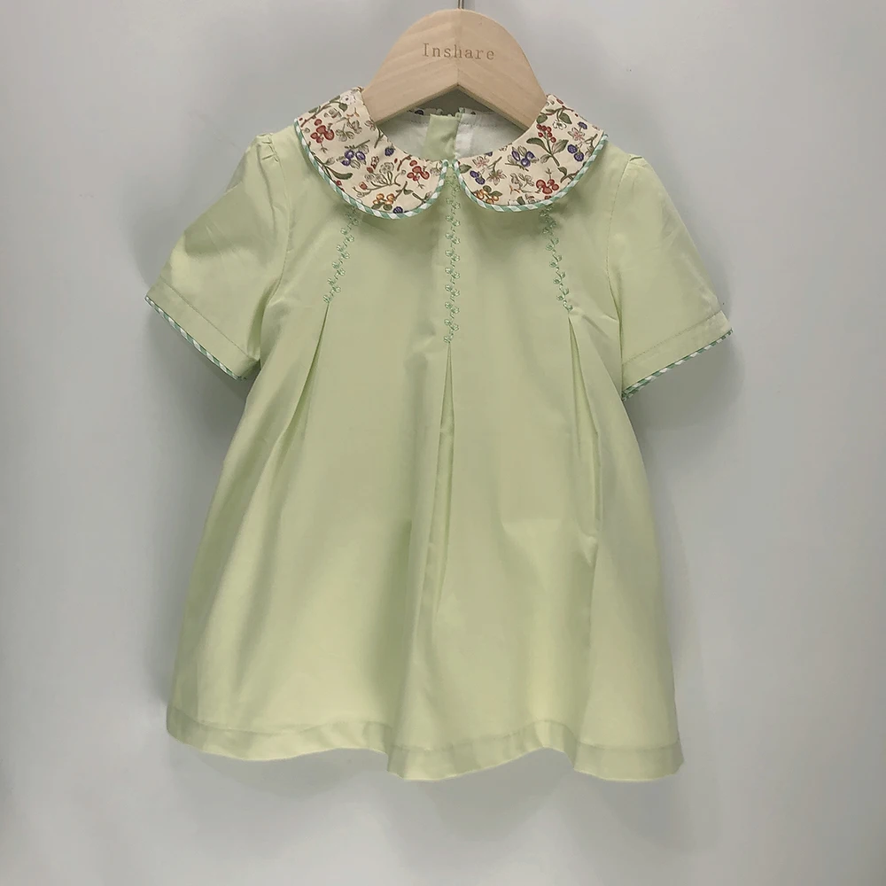 Children Boutique Clothing Summer Baby Boys Girls Short Sleeves Green Cotton Floral Print Collar Bubble Romper Siblings Outfit