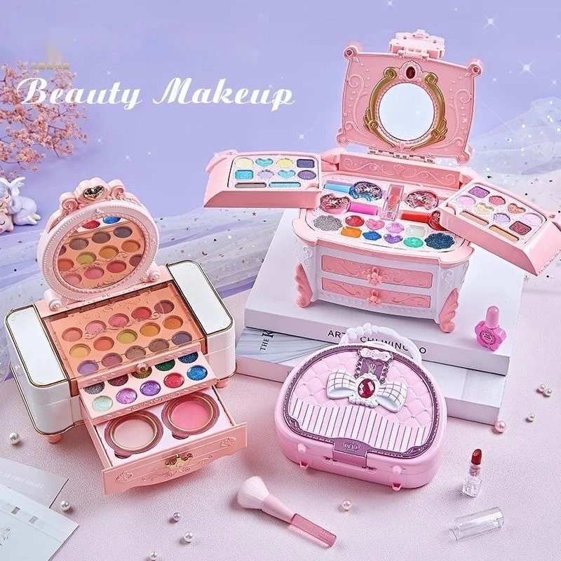 Juego de maquillaje de cosméticos para niños, Maleta, estuche de tocador, lápiz labial de princesa para niñas, juego de sombra de ojos, regalo de cumpleaños, juguetes, caja de belleza