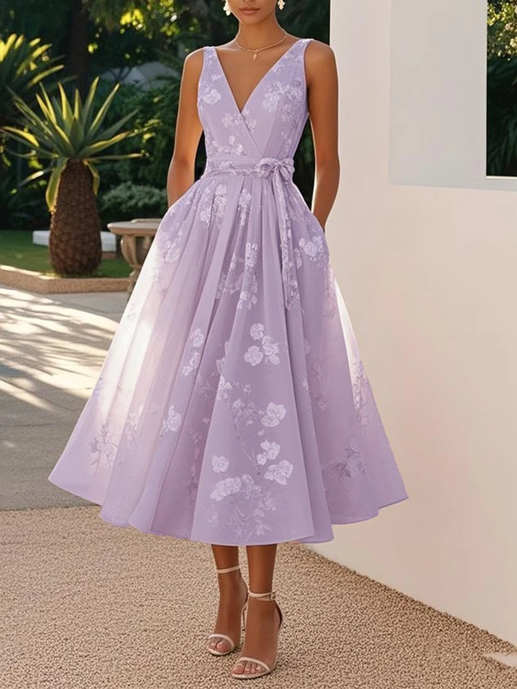 Elegant Pleated A-line Wedding Guest Dress Sleeveless V-Neck Vintage Floral High Waist Evening Dress for Women's with Sashes