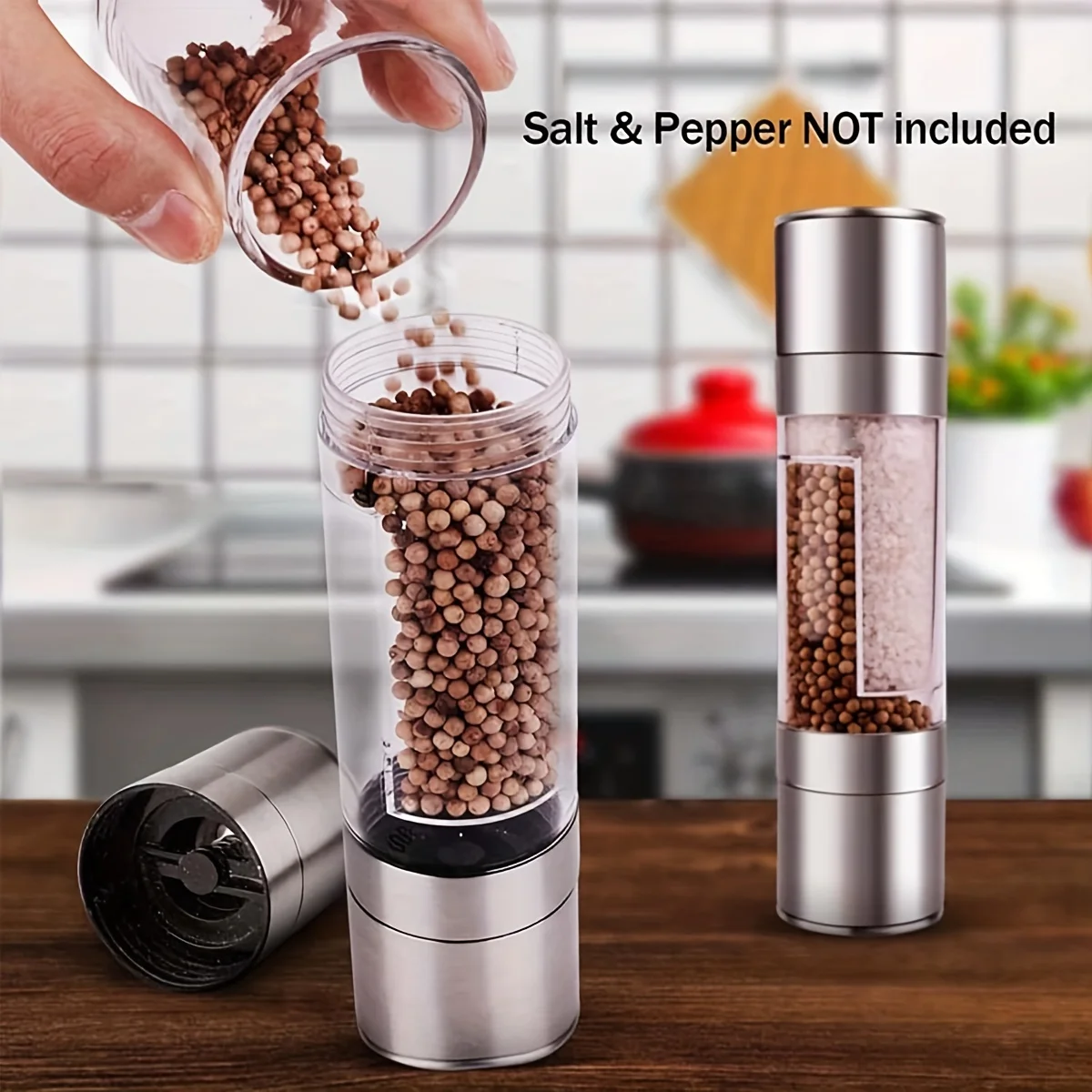 Salt and Pepper Grinder 2 in 1 Manual Stainless Steel Salt Pepper Mills with Adjustable Ceramic Grinding Spice Mill Kitchen Tool