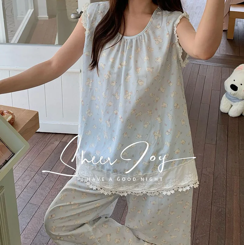 Kawaii 2026 New Gauze Round Neck Japanese Pajamas Women's Vest and Pants Sweet Princess Home Suit Two-piece Set