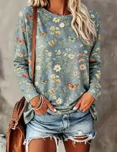 Women's Crew Neck Long Sleeve T-Shirt Green Butterfly Floral Botanical Print Casual Loose Fit Tops