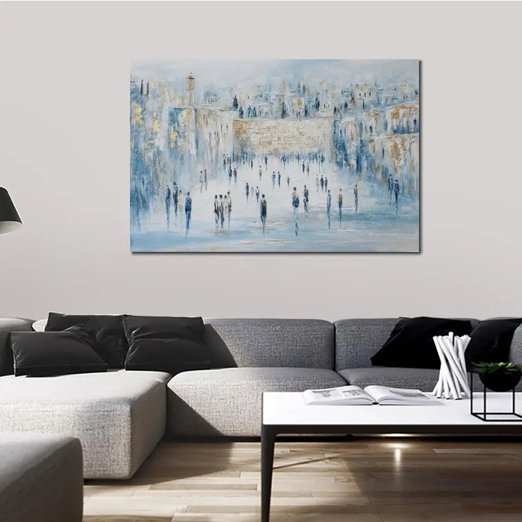 Gold Jewish Canvas Art Kotel Abstract Oil Painting Handmade Jerusalem Artwork Holy City Modern Living Room Decor Large Textured