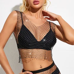 Maglia See Through Vest for Women Summer Sexy Shiny strass Fishnet Hollow Out Crop Top Beach Cover Up Party Club canotte