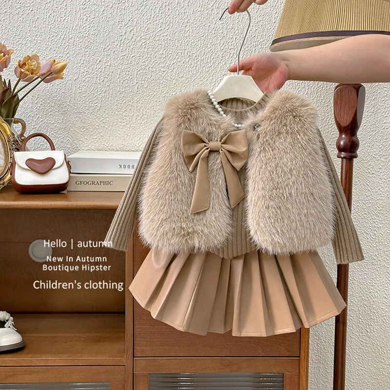 

Autumn Winter Clothing Sets 3PCS Thick Warm Artificial fur Elegance Vest+Pleated Skirt+Knit Sweater Girls Suit Kids Fashion Kids