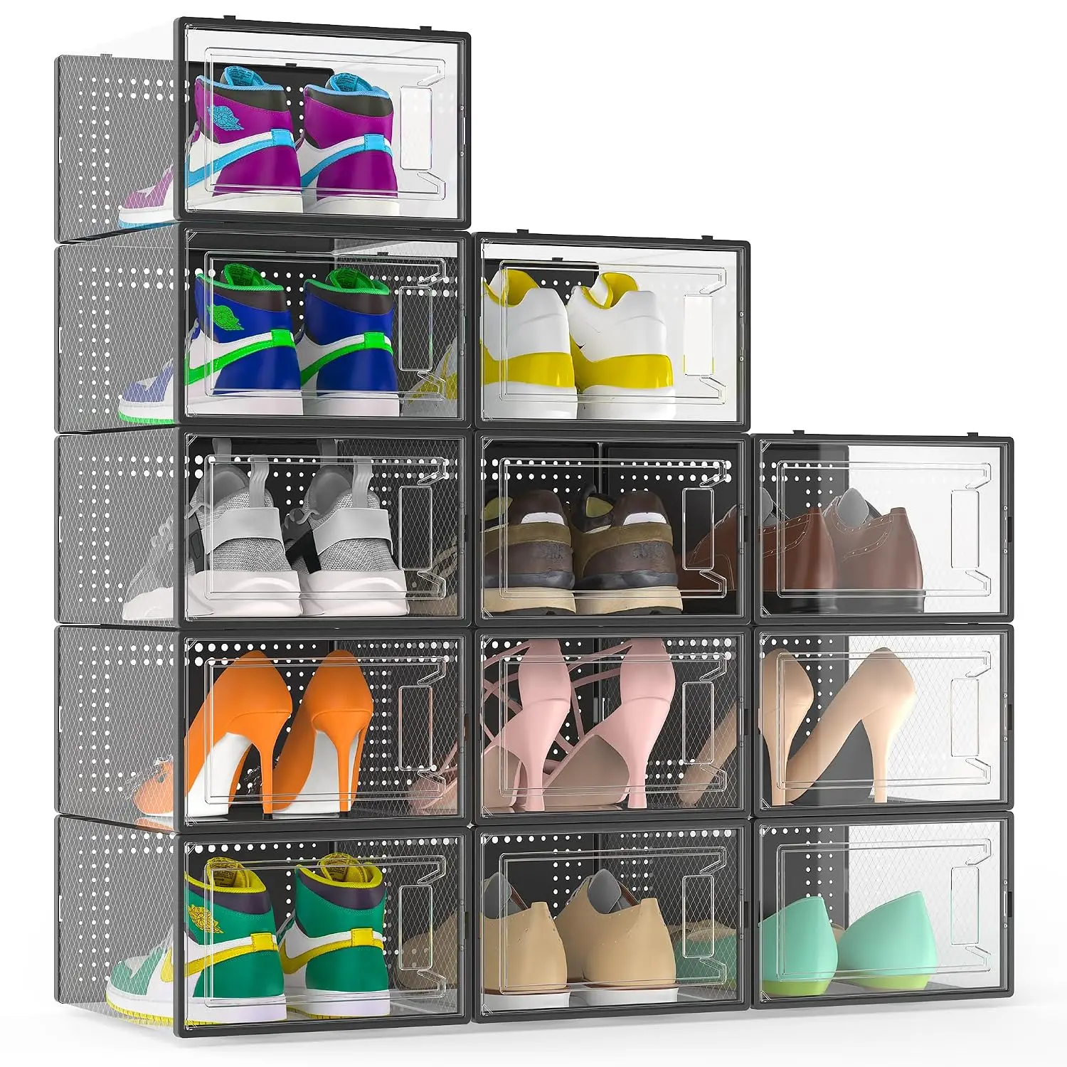 Shoe Storage Boxes 12 Pack Clear Stackable Organizer with Lids Closet, Space Saving Display Case, 13.1x10x6 inch, Customized