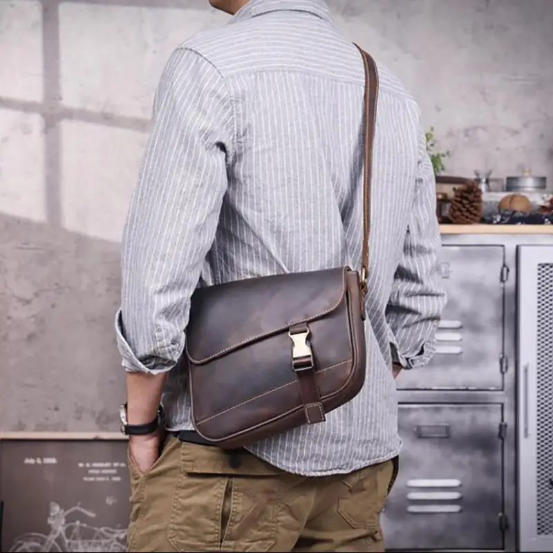 PNDME, bolso cruzado de piel de vaca de Caballo Loco hecho a mano de diseñador vintage para hombre, bandolera de hombro de cuero genuino de lujo informal