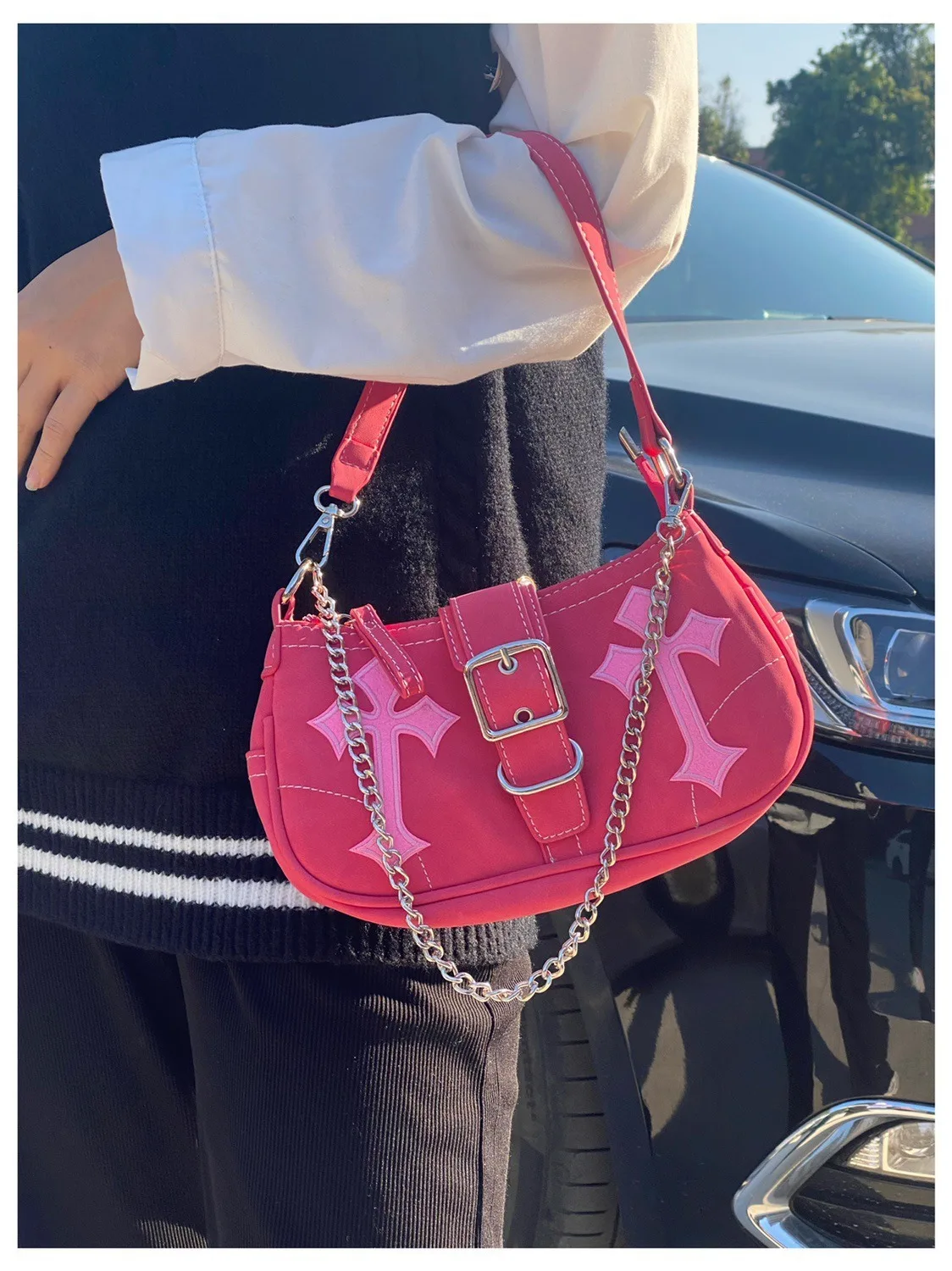 Y2K Süße Kühlen frauen Unterarm Tasche Heiße Mädchen Rosa Schulter Taschen Messenger Tasche Retro Design Weiblichen Kette Geldbörse Achselhöhle handtaschen – Detail 10