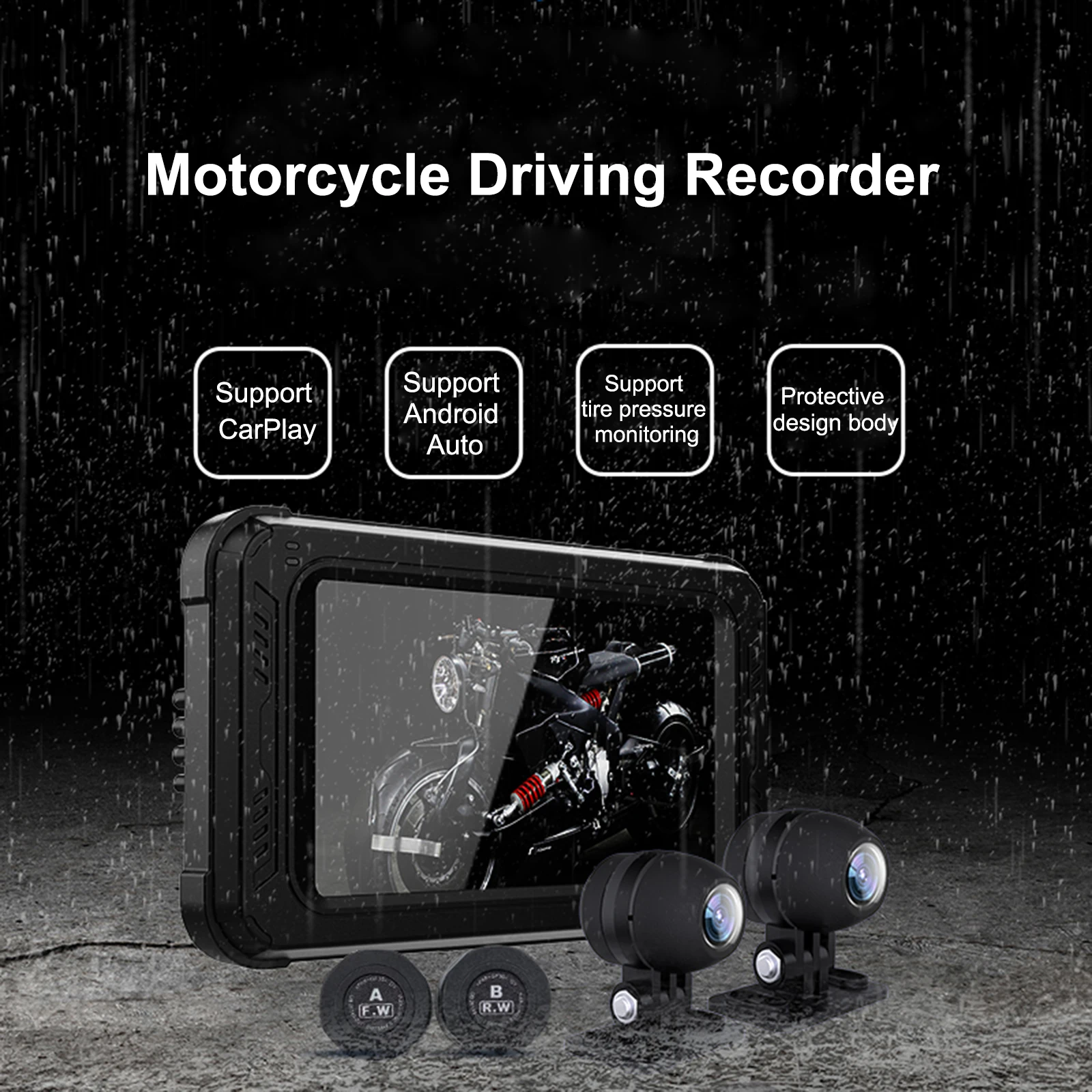 Motorcycle GPS Navigator 5inch Waterproof Screen Support Wireless Car Play Android Auto Bluetooth Selectable Dual 1080P Cameras