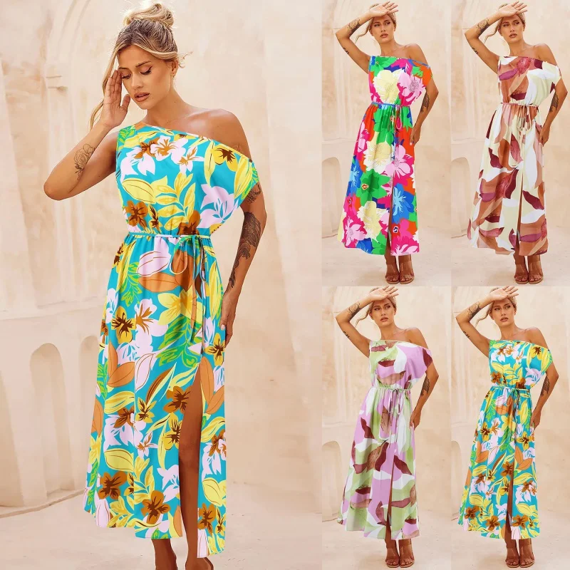 

2024 Summer New Elegant Slim Temperament Printed Dress off-Neck Slit Belt Dress