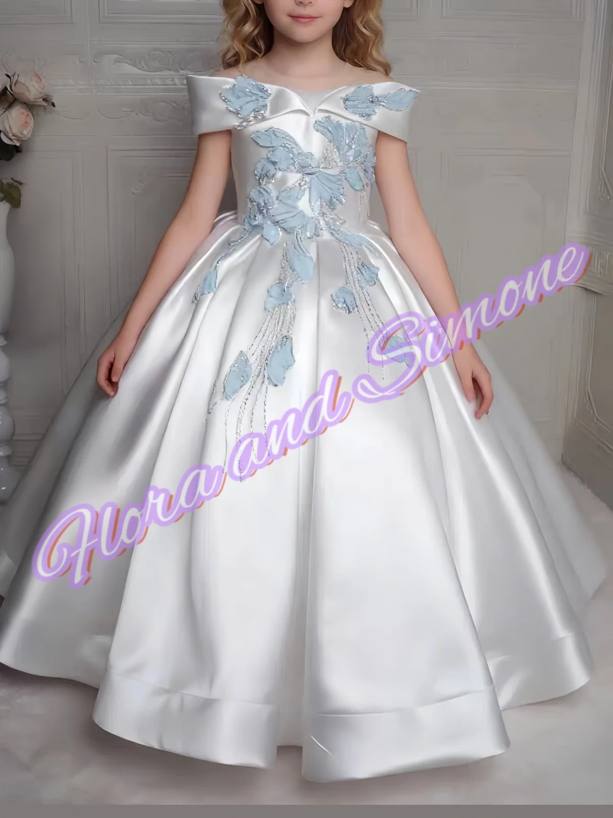 فساتين فتاة الزهور الزرقاء المزينة بحفلات أعياد الميلاد للفتيات الصغيرات مخصصة من الساتان الناعم للأطفال فساتين التواصل الأول #2