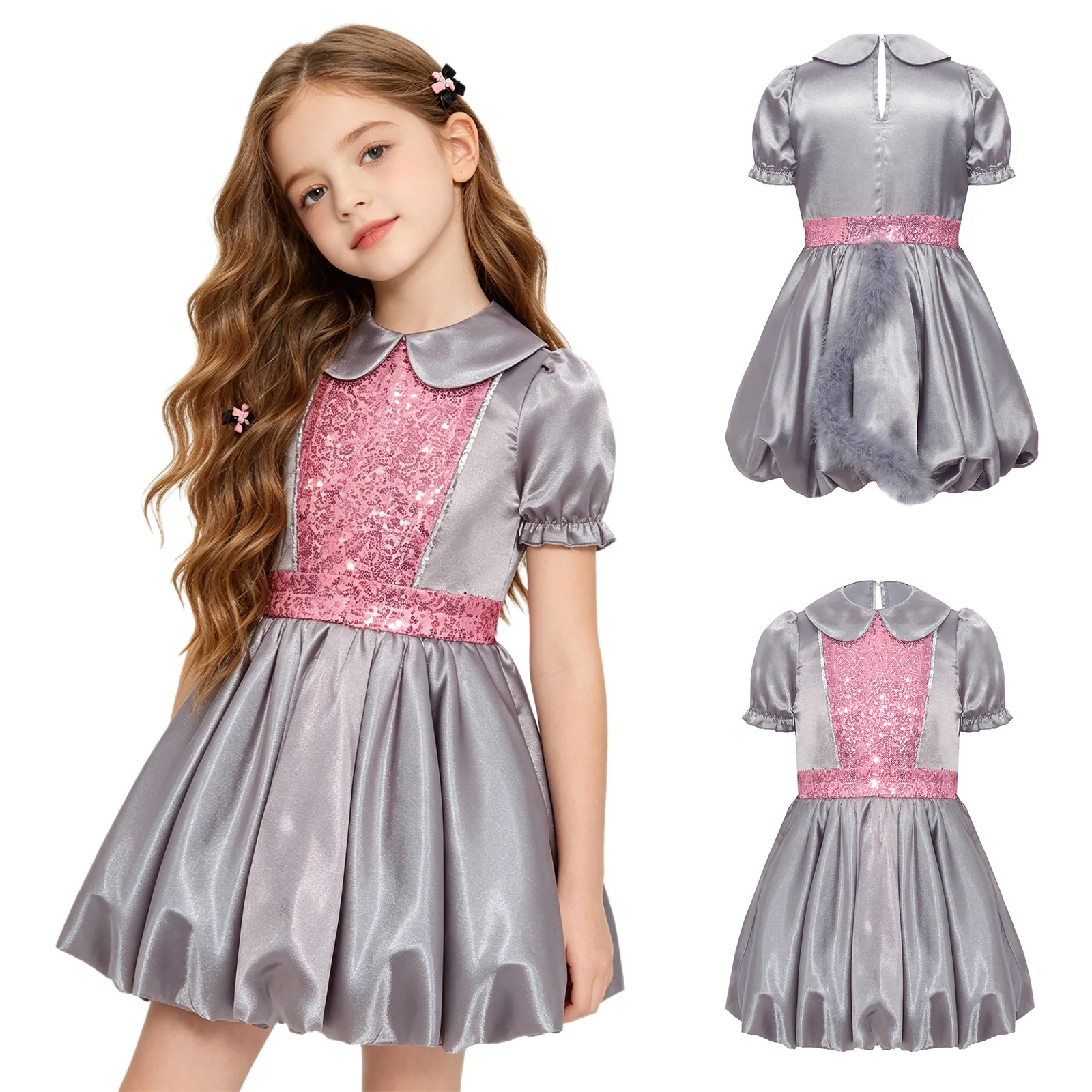 

Kids Girls Mouse Costume Cute Collar Puff Sleeve Shiny Sequins Bubble Dress with Tail for Halloween Party Dress Up School Event