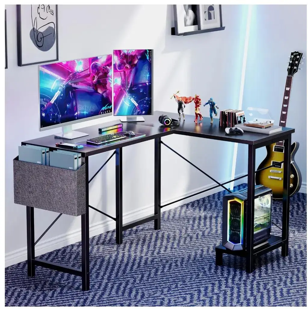 L-shaped computer desk, wooden desktop with CPU stand, side pockets that can be flipped over in black