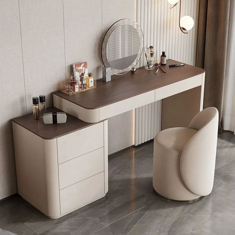 Retro Cream-style Vanity Solid Wood  Walnut Veneer Modern Minimalist Small Bedroom Dresser Makeup