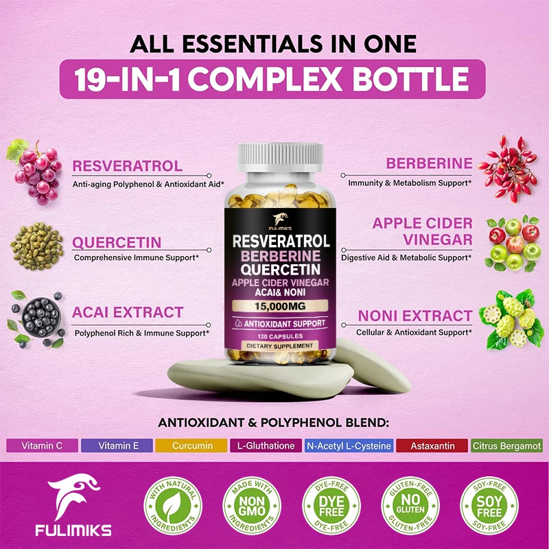 Resveratrol Capsules, Berberine, Quercetin, Apple Cider Vinegar -19-in-1 Polyphenol Complex, Antioxidant, Skin & Metabolism