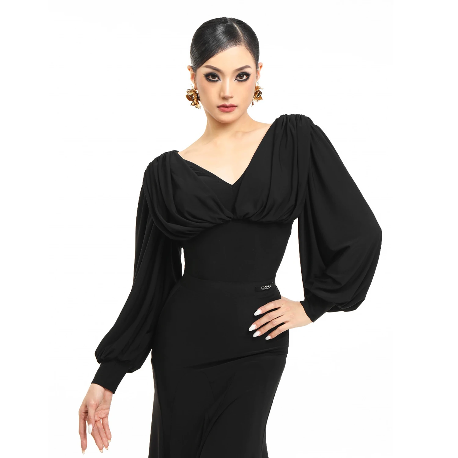 Latin Dans Kleding Vrouwen Ballroom Dansvoorstelling Tops V-hals Lantaarn Mouwen Zwart Tops Rumba Salsa Dans Kleding BL16829