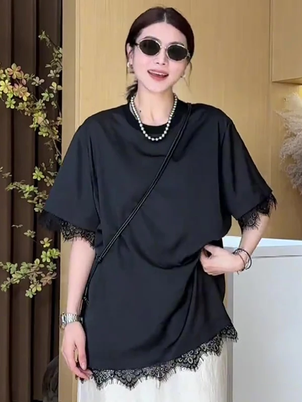 

Новинка: Женский топ Ele Bla с круглым вырезом, кружевными вставками и коротким рукавом, свободного кроя, летний, в корейском стиле, премиум-класса.