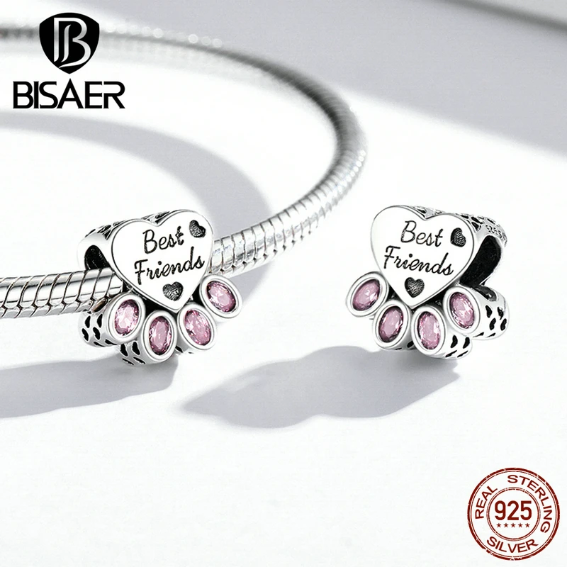 BISAER 925 Sterling Silver Dog Best Friend Charm Pink Cute Claw Plated Platinum Beads Fit DIY Bracelet Necklace Fine Jewelry