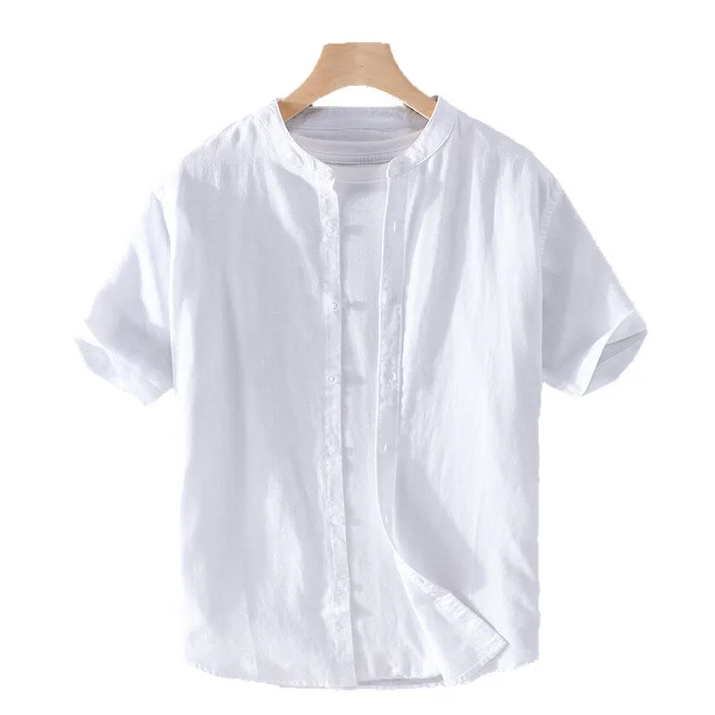 New Summer Fashion Single Breasted Solid Color Short-sleeved Shirt Men Stand Collar Five-point Sleeve Commute Men Top