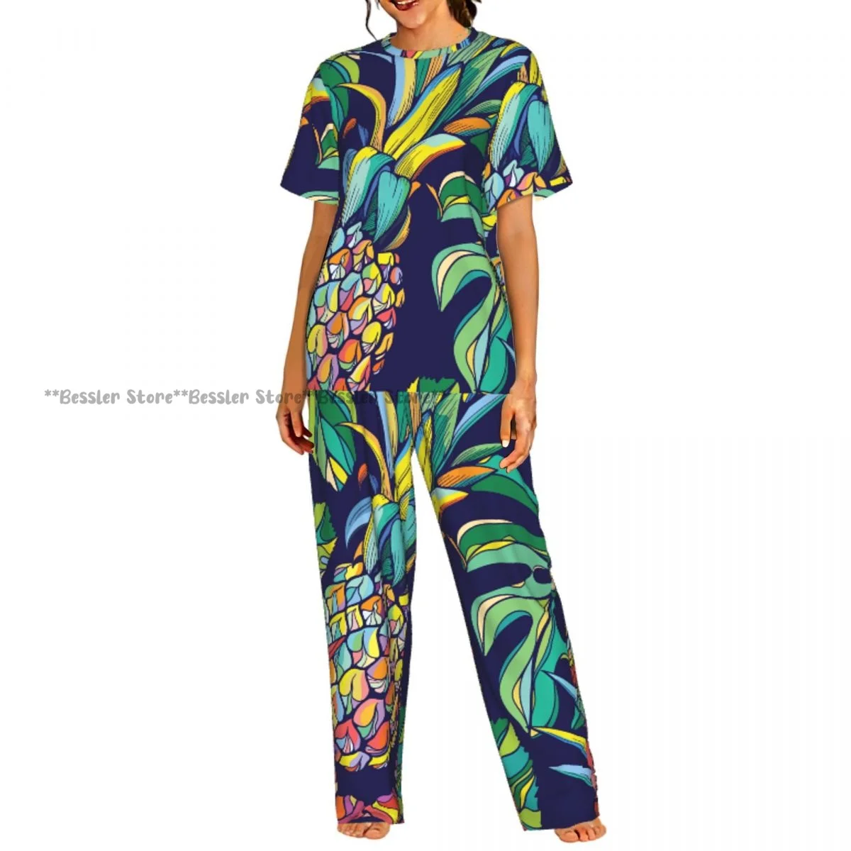 

Женский комфортный комплект пижамы с коротким рукавом и принтом тропического ананаса