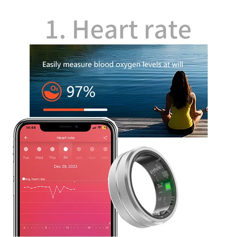 Pffee Anelli in acciaio inossidabile per donna Uomo Gioielli di lusso App Smart Ring Sport Health Tracker Frequenza cardiaca Monitor di ossigeno nel sangue