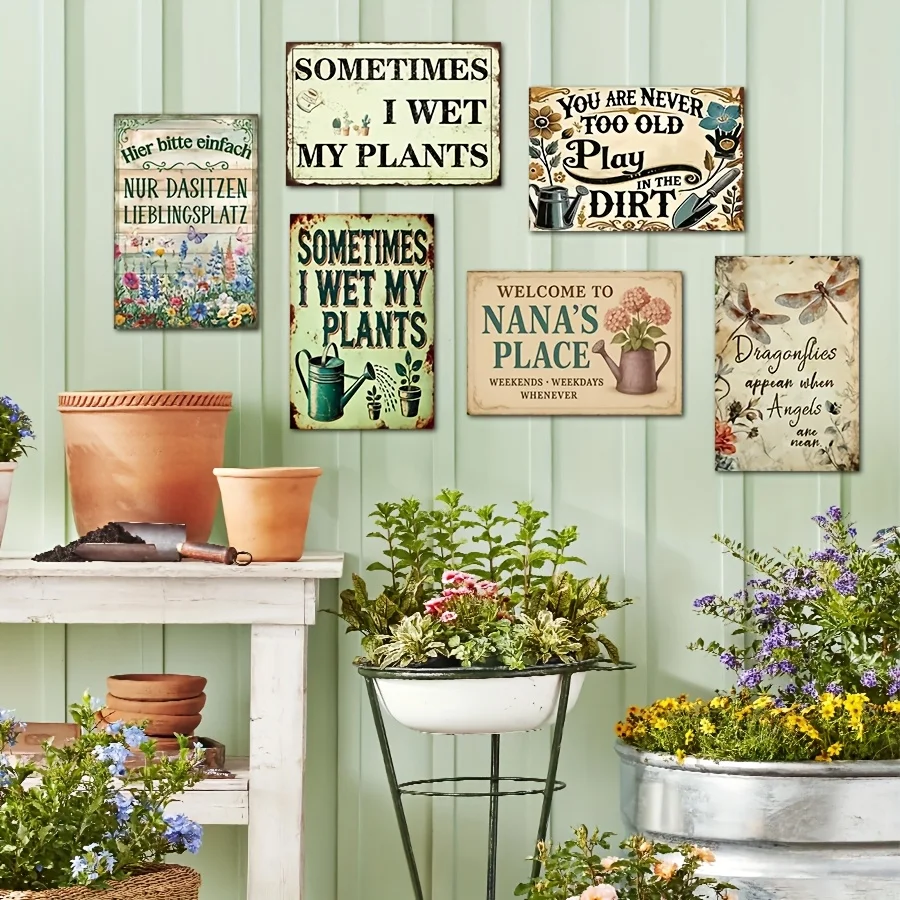 6pcs Vintage Garden Metal Tin Signs - Rustic Teal Floral & Plant Quotes - Farmhouse, Shabby Chic, Cottagecore Decor - Indoor/
