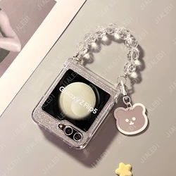 Cute Bear Beads Bracelet Chain Glitter Hinge Phone case For Samsung Galaxy Z Flip 5 6  3 4 Clear Hard flip6 Cover