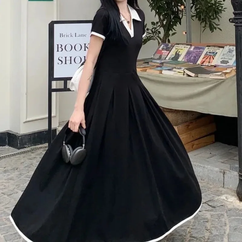 Casual Matching Dress Vintage Hepburn Dress Plus Size Office Lady's Elegant Black Dress Short Sleeve Loose Pleated Midi Dress