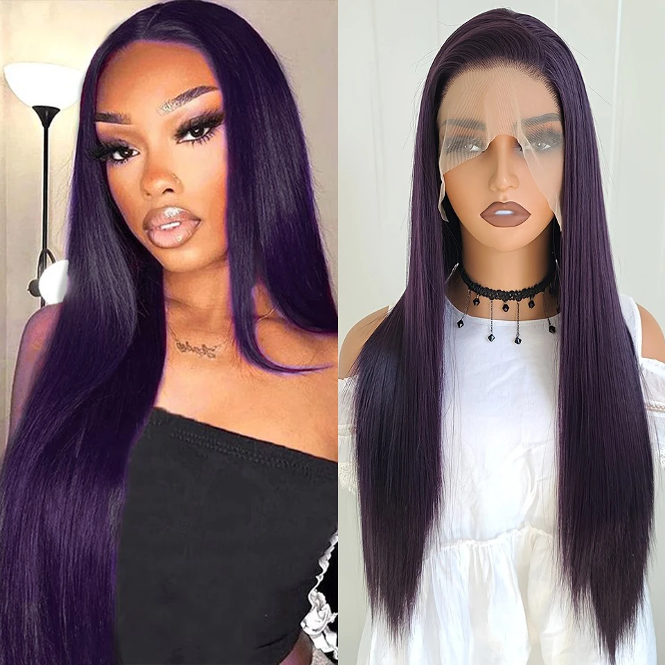 Charisma 13x4 Synthetic Lace Front Wig for Women 26 Inch Long Straight Hair Dark Purple Colored Lace Wigs for Daily Use Party