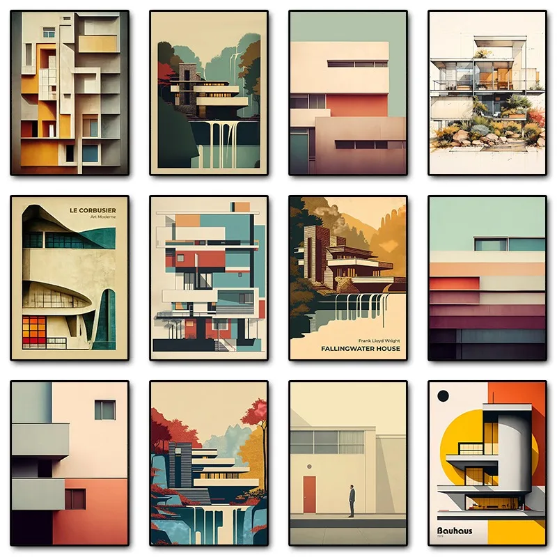 Minimalist Fallingwater House Bauhaus Classic Architecture Abstract Poster Canvas Painting Wall Art Pictures Living Home Decor