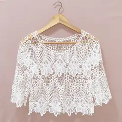 Blouse Women Skirt Shawl Embroidery Floral Lace Cover Up O-Neck Half Sleeve Jacquard Pullover Short Summer Knitted Hollow Lace