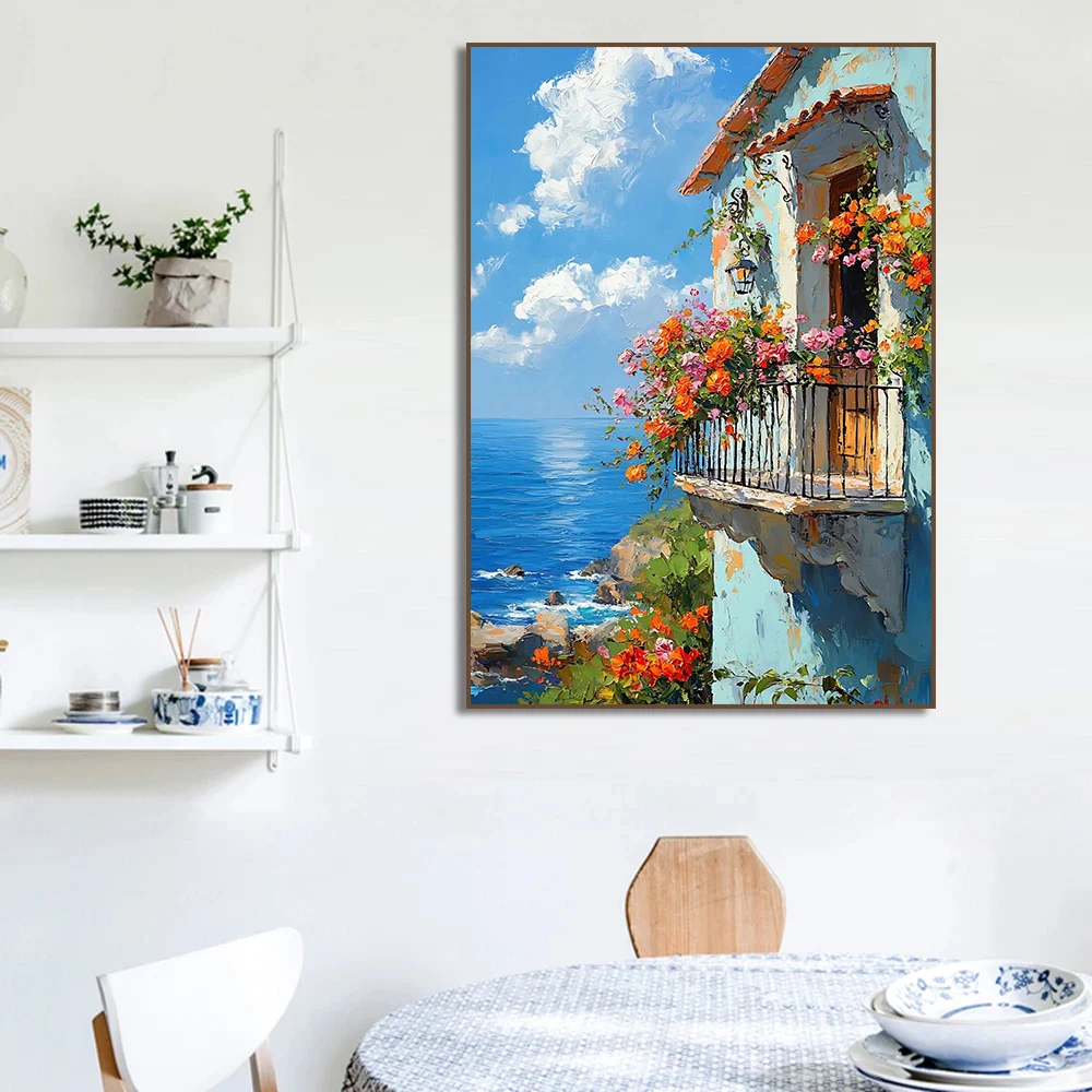 1PC frameless decorative art print,Mediterranean Village Coastal Boat Seaside Landscape Floral Field  Cottage Poster Canvas Pain