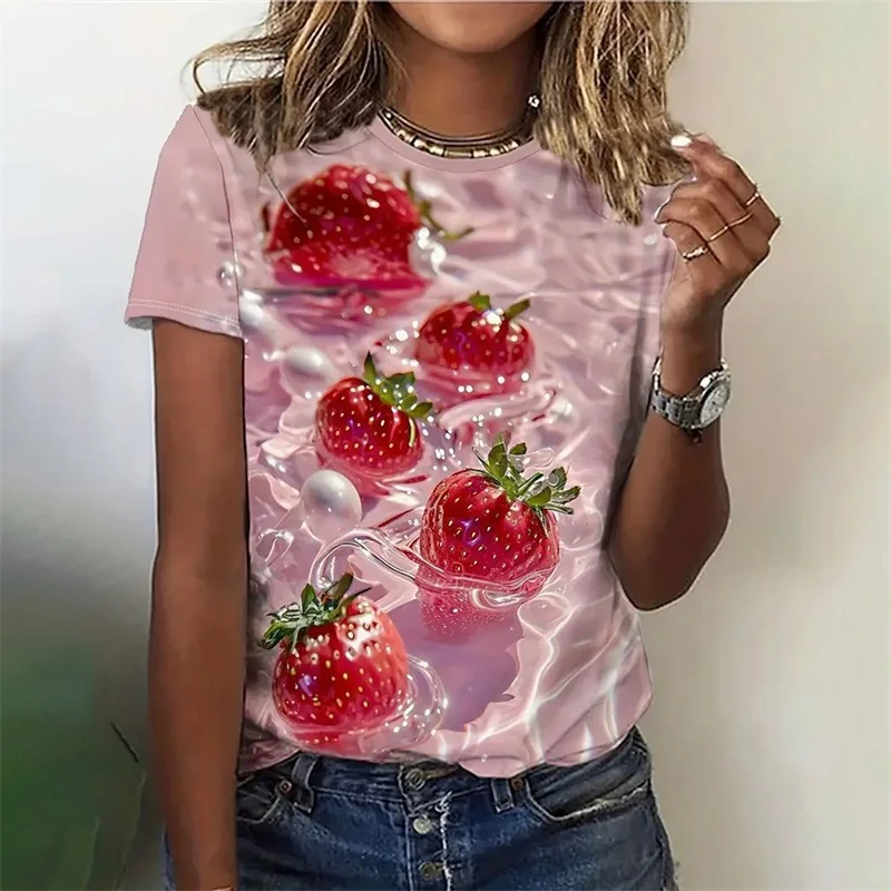 3d Strawberry Print Tshirt For Women Tops Summer Short Sleeve Fashion Casual Loose T Shirts Women Oversized Aesthetic Tshirts