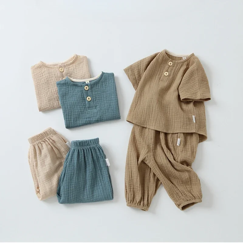 

Хлопковый пижамный комплект для младенцев, летняя одежда для сна из чистого хлопка и марли с короткими рукавами, домашний костюм для новорожденных, дышащая детская одежда