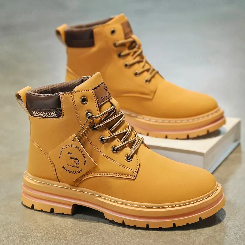 Men's High Top Boots High Quality Casual Leather Boots Fashion Motorcycle Boots Lace Up Men Ankle Booties Non-Slip Platform Boot
