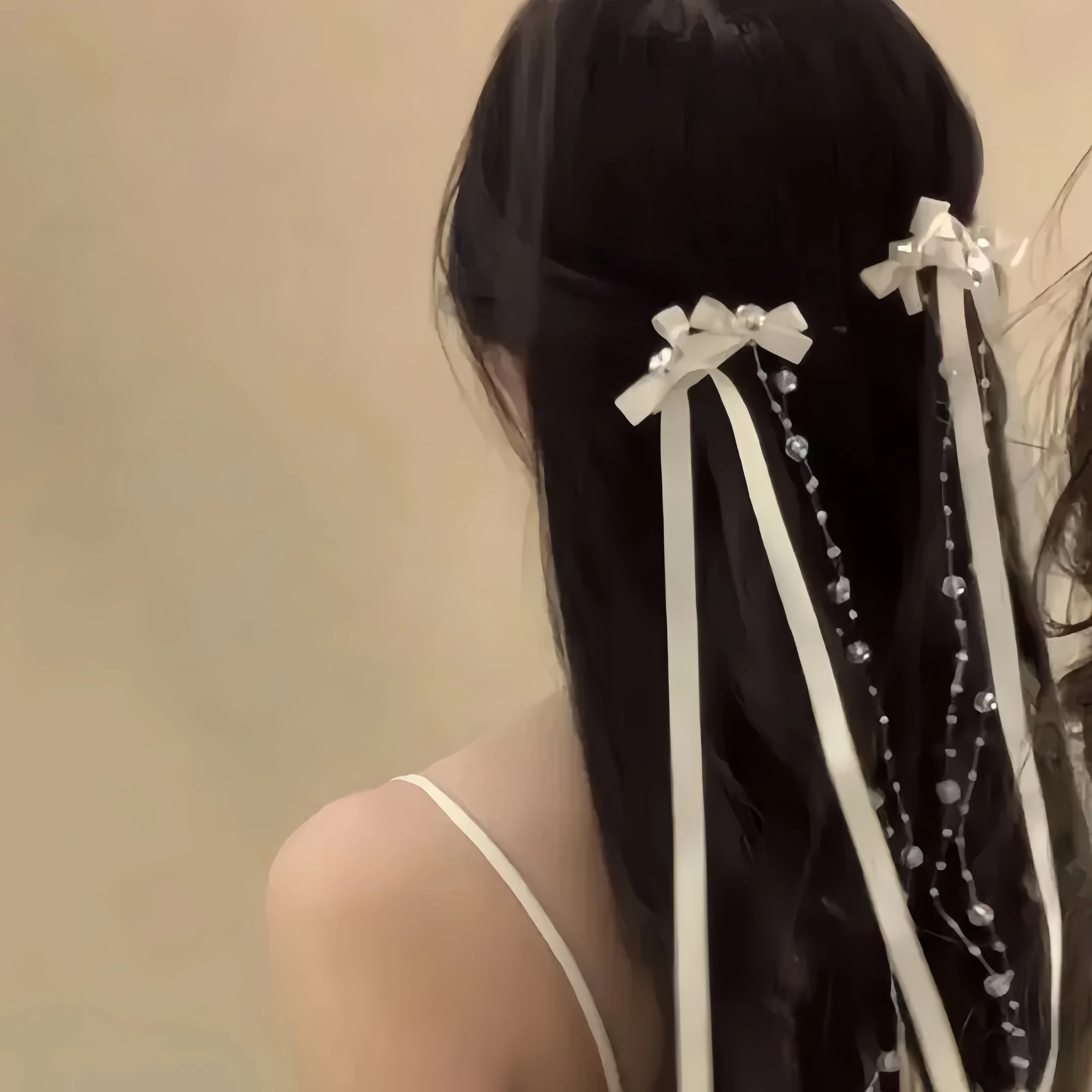 Presilha de Cabelo com Laço de Fita e Contas de Vidro, Estilo Coreano Y2K, Cor Sólida, para Mulheres e Meninas, Acessório de Festa, Presilhas Laterais