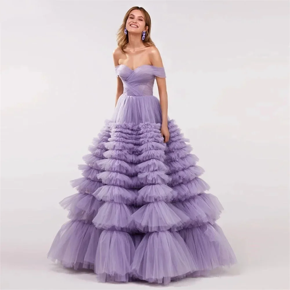 Sansa Lavender فساتين السهرة Off the Shoulder Tulle Vestidos De Noche Elegant Sleeveless Multilayer A-line Prom Dresses 2024