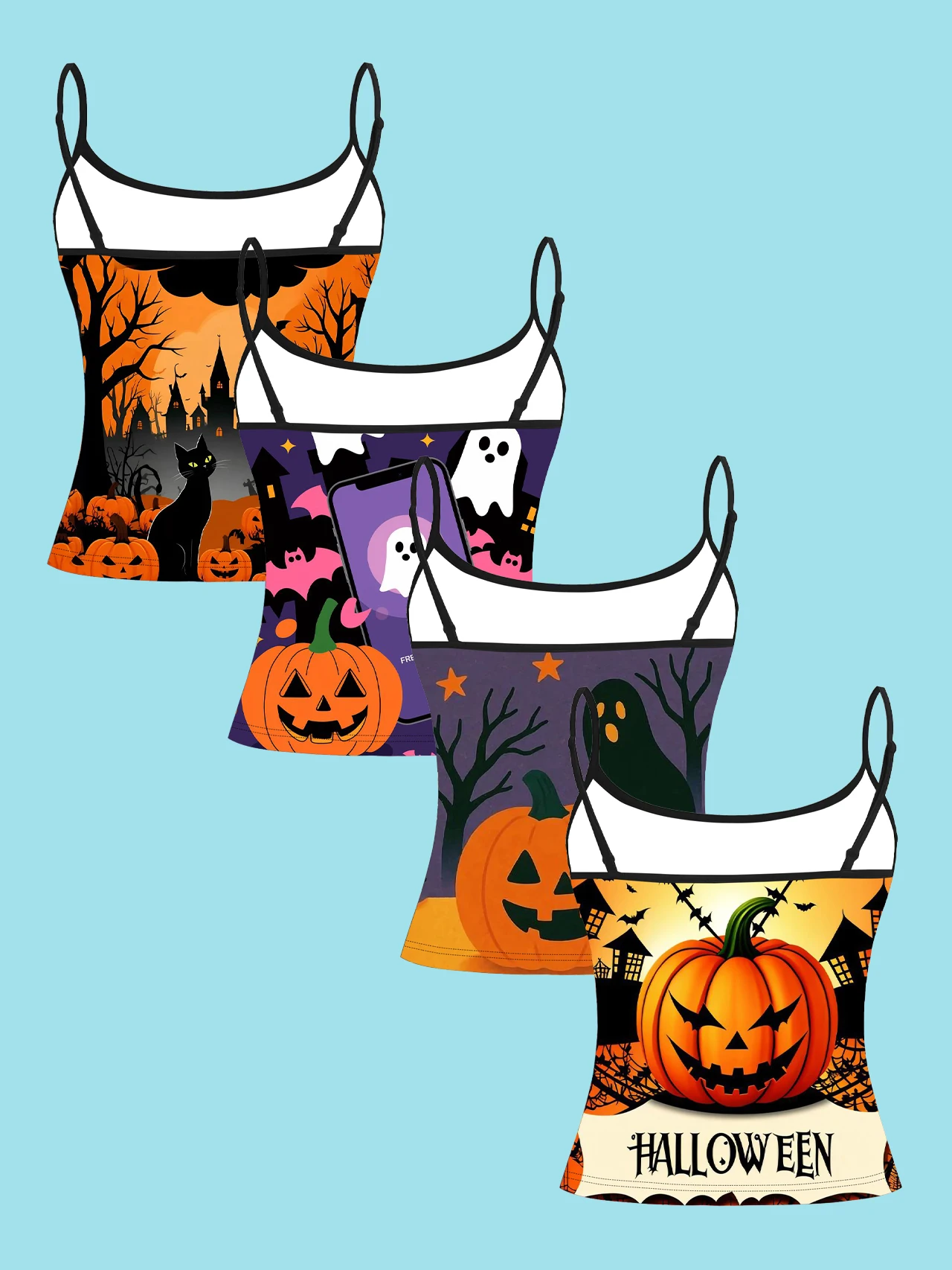 4-Piece Set of Halloween Cartoon Black Cat Ghost Pumpkin Haunted House Women's Camisole Tops, Vintage-Style Printed Slim-Fit Spaghetti Strap Short Camisole Tops