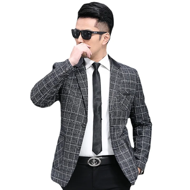 High Grade Business Mens Leather Jacket Plaid Suit Casual Sheepskin Genuine Blazer Coat