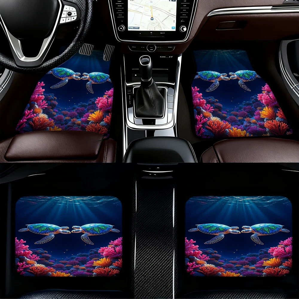 4pcs Neon Sea Turtle Floor Mats - Vibrant Underwater Ocean Design With Pink Coral Reef & Turtles, Non-Slip Backing, Durable All-