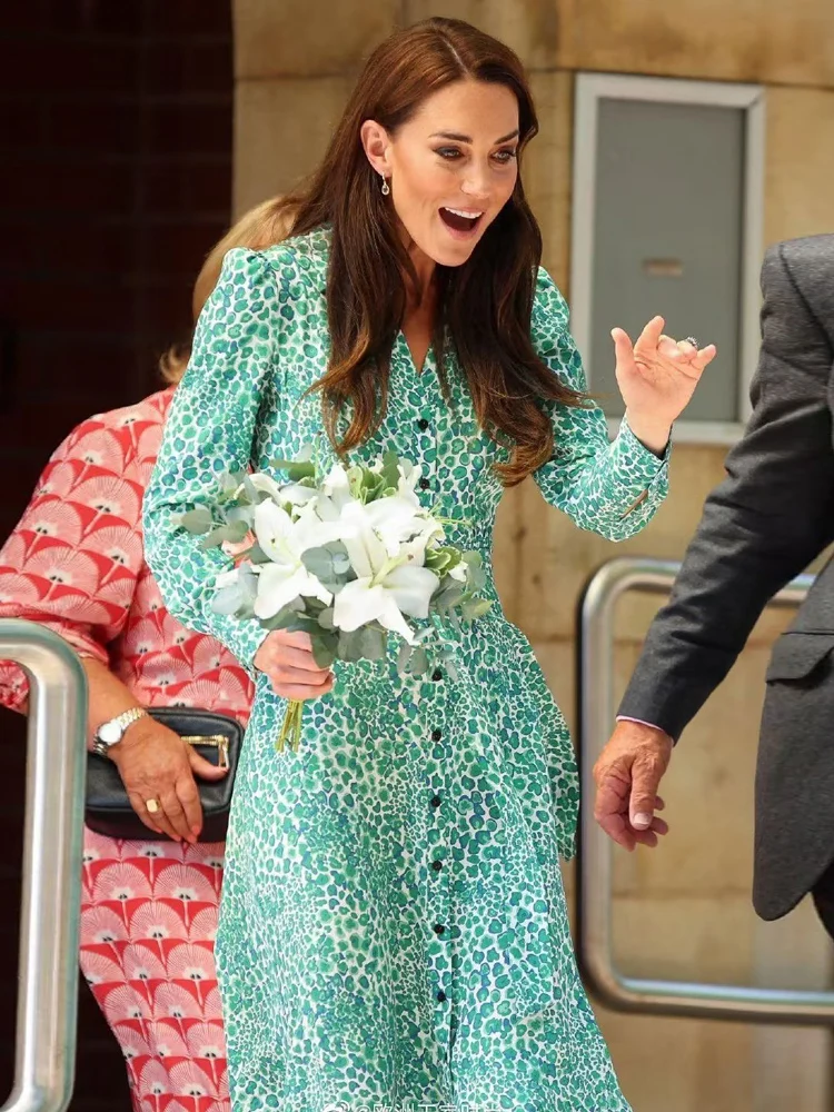 

Kate Middleton Princess New Ladies Autumn High Quality Fashion Party Green Print Button Elegant Celebrity Casual Chic Midi Dress