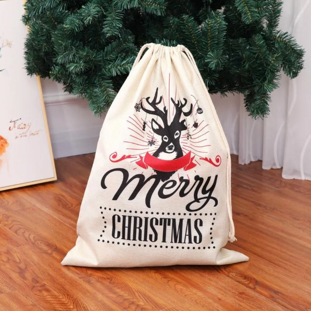 Christmas Gift Bags Large Organic Deer Elk Bag Storage Xmas Sack Drawstring Bag Reindeers Santa Claus Kids Candy Sack