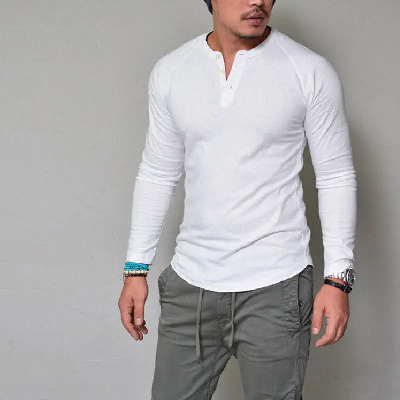 Men Button O-Neck Long Sleeve Slim Solid T-shirt Tops Summer Oversized S-3XL Male Tee Tops HTZ-A041