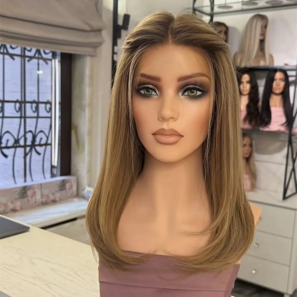 

Short Straight Bob Free Part Ombre Blonde Brown Highlight HD Lace Frontal Wig Syntehtic Heat Resistant Wig Natural Density Wig