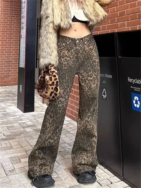 

Vintage Leopard Print High Waist Baggy Jeans Women's Wide Leg Cleanfit Sle PU Fabric Ladies Jeans Mid-aged Suitable