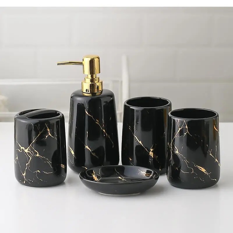 Scandinavian Bathroom Amenities / Black Marble Ceramic Decoration Accessories Soap Dispenser Toothbrush Holder Tray