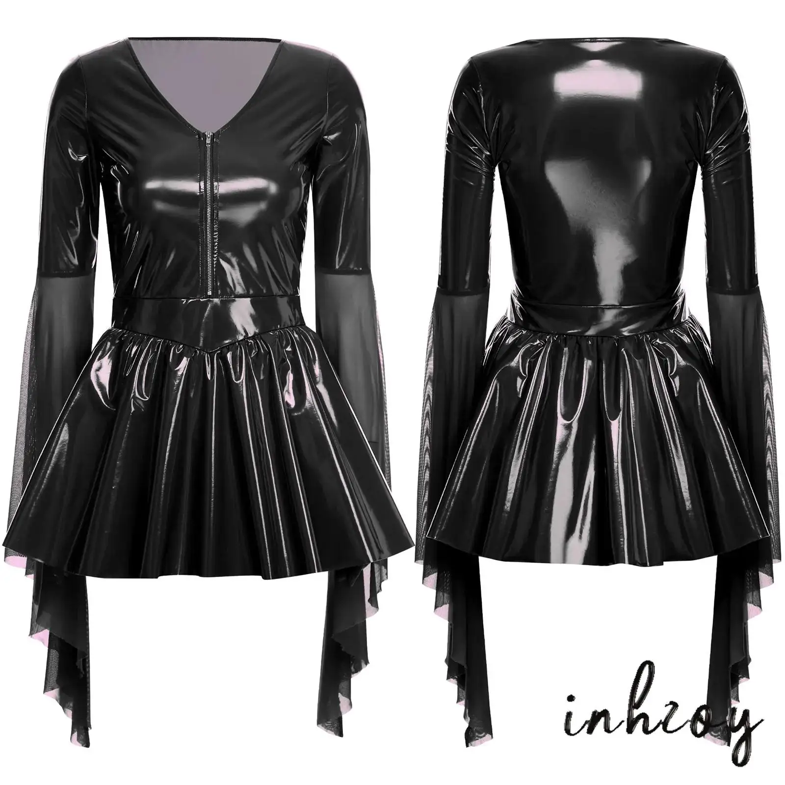 

Women Latex Punk Bodycon Dress Deep V Mesh Long Sleeves Mini Dress Shiny Faux Leather Dress Halloween Costume Party Club Wear