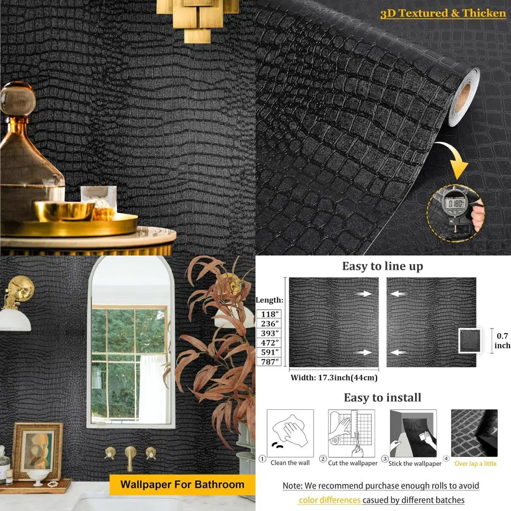 ورق جدران ذاتي اللصق بنمط تمساح للخزائن، ورق اتصال أسود حديث قابل للإزالة، بطول 630 بوصة × 17.3 بوصة