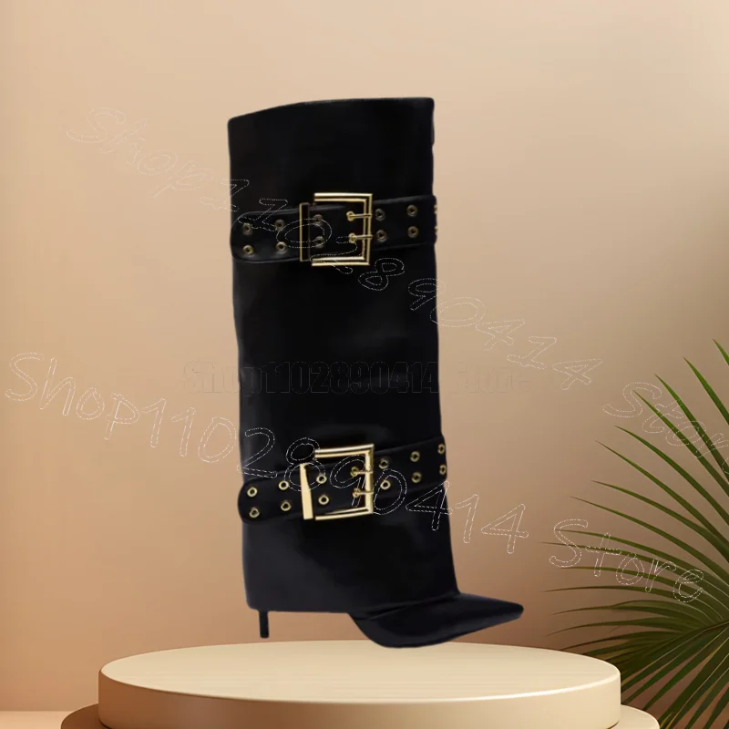 

Gold Buckle Black Turned Over Pointed Toe Boots Slip On Women Shoes Thin High Heels Sexy Party Banquet 2025 Zapatos Para Mujere