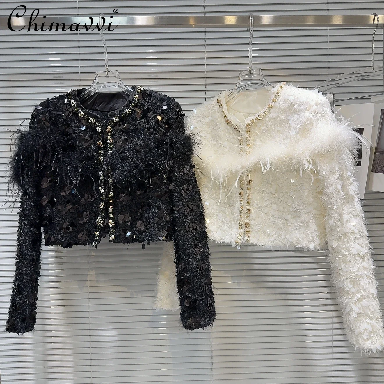 Winter New French Fashion Ostrich Fur Decorative Beads Woolen Jacket High-end Long-sleeved Temperament Party Padded Coat Top